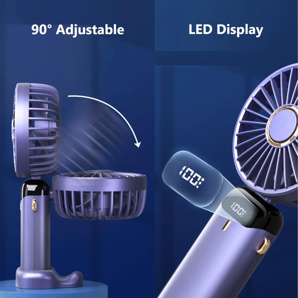 Ventilador portátil, ventilador pessoal recarregável USB, 4800mAh, 90 °   Mini ventilador de mesa dobrável com display digital LED, multiventilador de 5 velocidades