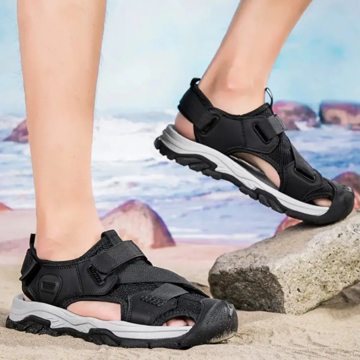 

Handcrafted Large Size Men's Sandals Breathable Waterproof Anti-slip Beach Casual Shoes Hollow out Toe Strap Summer Shoes