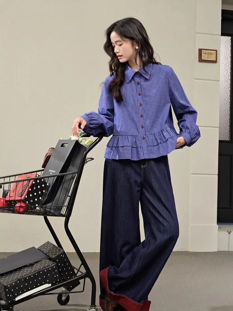 

Blue Gingham Ruffle Blouse Cropped Long Sleeve Shirt Women's Sweet Spring 2025 Top