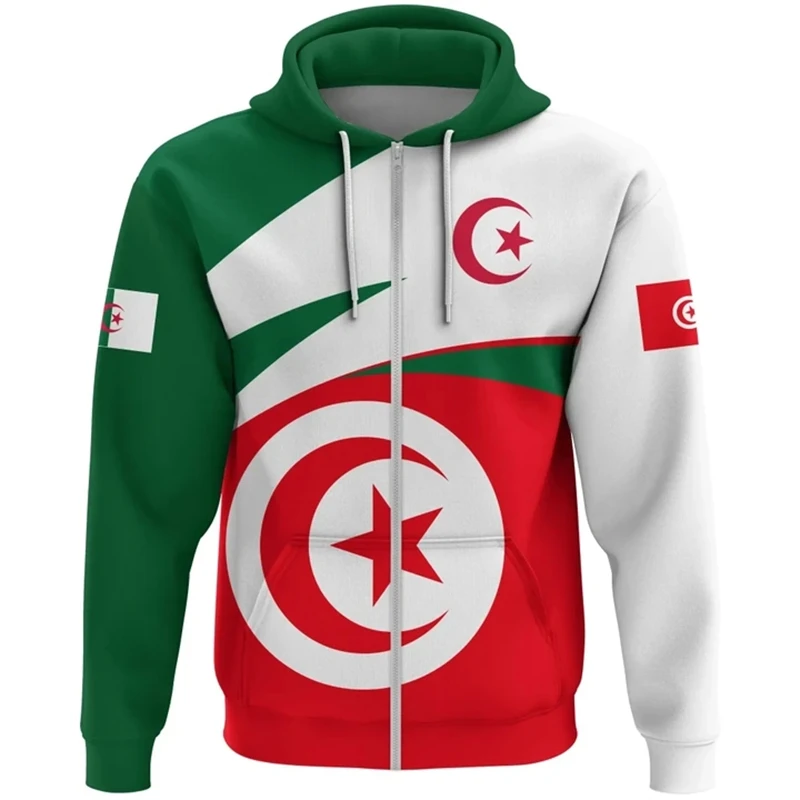 Africa Algeria Flag Map 3D Print Zip Up Hoodie For Men Clothes Fashion National Emblem Graphic Sweatshirts Casual Boy Hoody Tops