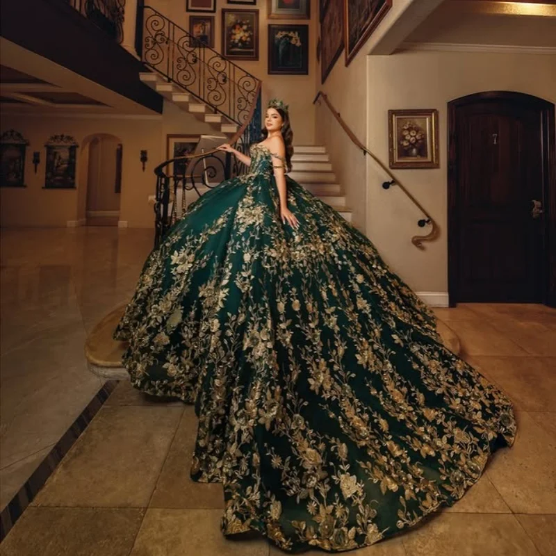 

Customized blackish green Quinceanera Dresses Off the Shoulder crystal applique Long tail Vestido 15 Quinceanera