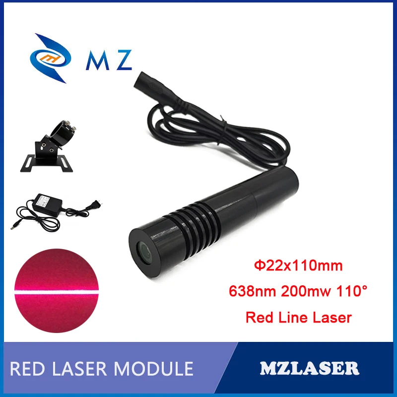 

High Stability Clear and Bright D22mm 638nm 200mW 110 Degrees Glass Lens Red Line Laser Module + Bracket + Adapter