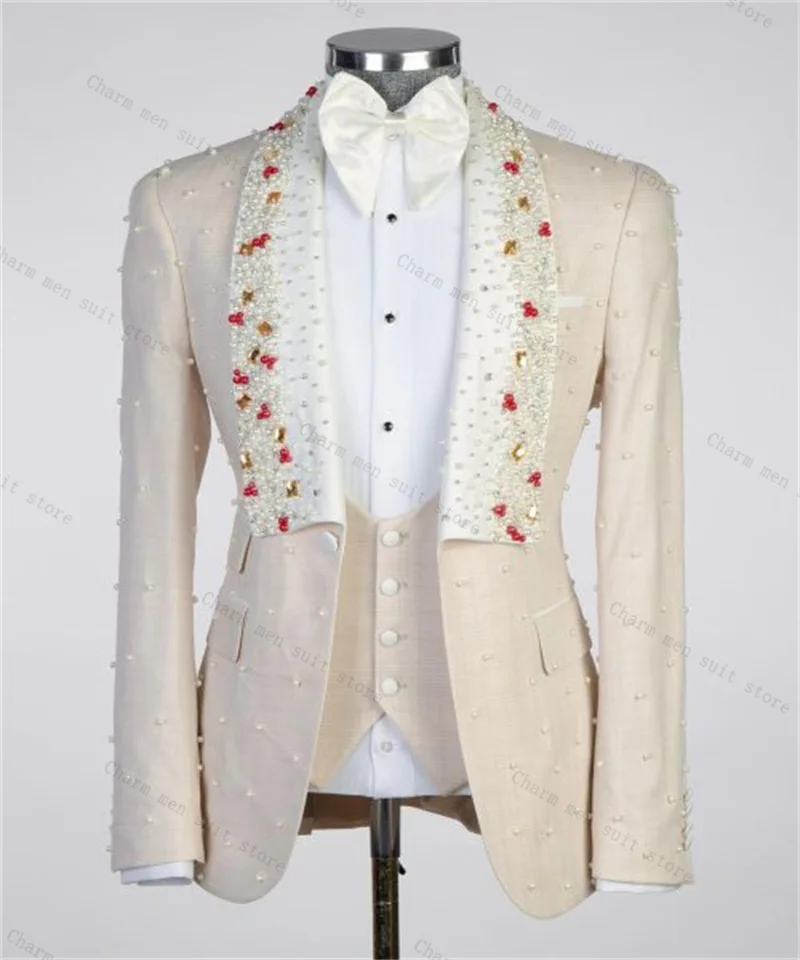 

Luxury Crystals Beige Men Suit Set 2 Piece Blazer+Pants Trousers Customized Formal Office Jacket Groom Wedding Tuxedos Coat