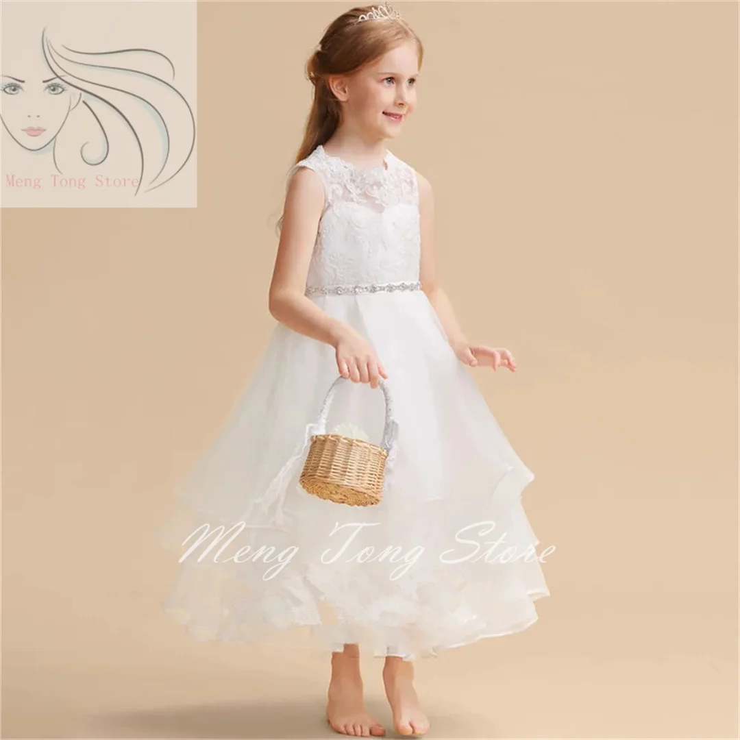 

2024 Flower Girl Dresses A-line Scoop Neck Girls Elegant Dresses Tea-Length Lace Organza Bow Wedding Dresses Vestidos Para Niñas