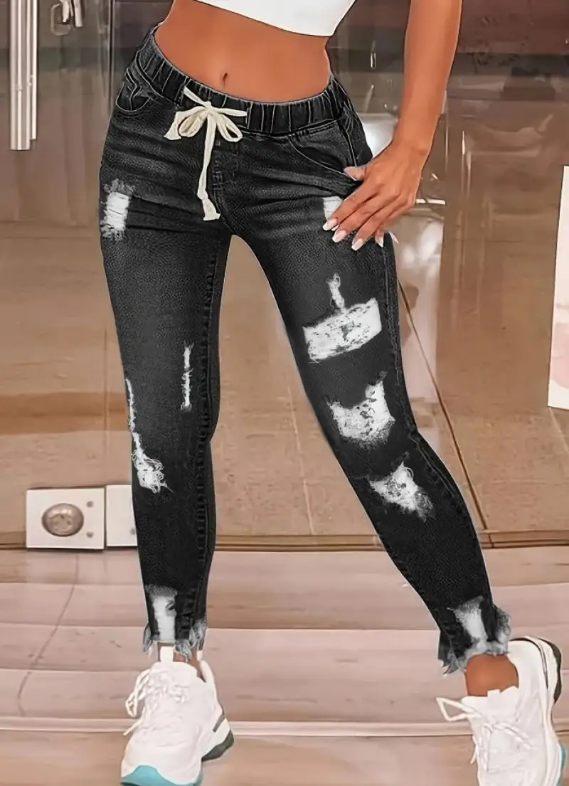 Vintage Fashion damskie dżinsy Y2K Casual sznurkiem zgrywanie dziura Trend legginsy sprane amerykańskie eleganckie modne damskie spodnie dżinsowe