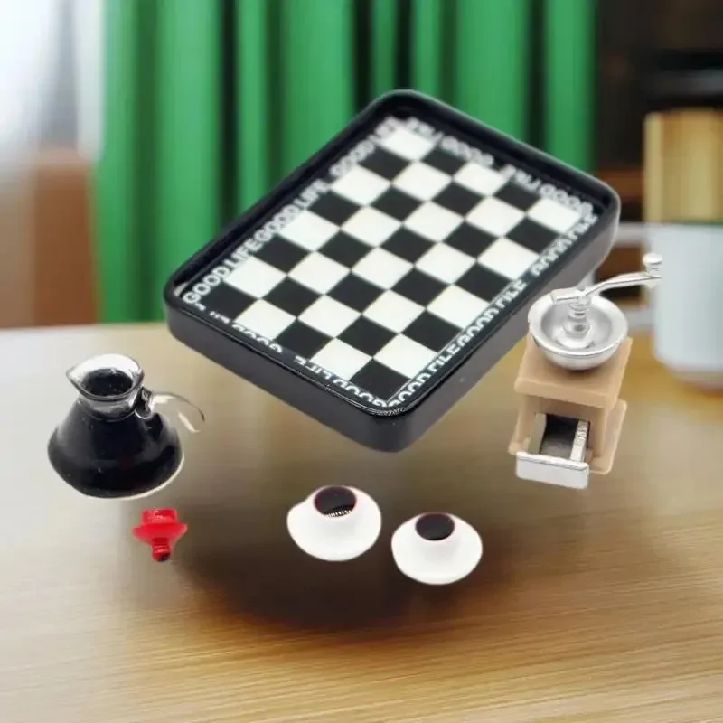 1Set Miniature Coffee Machine Grinder Model, Black And White Checkered Plate Set, Pretend Dollhouse Kitchen Scene Accessories