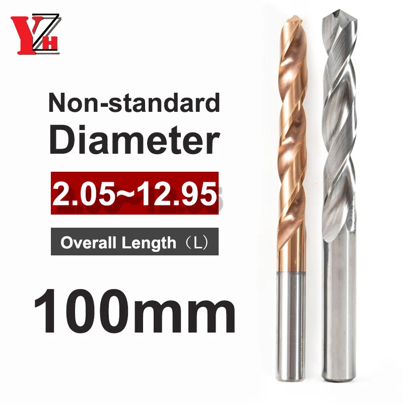 YZH Carbide Twist Drill Total Length 100mm Diameter 2.05-12.95 HRC50/55 CNC Straight Handle Drilling Hole For Metal Iron Steel