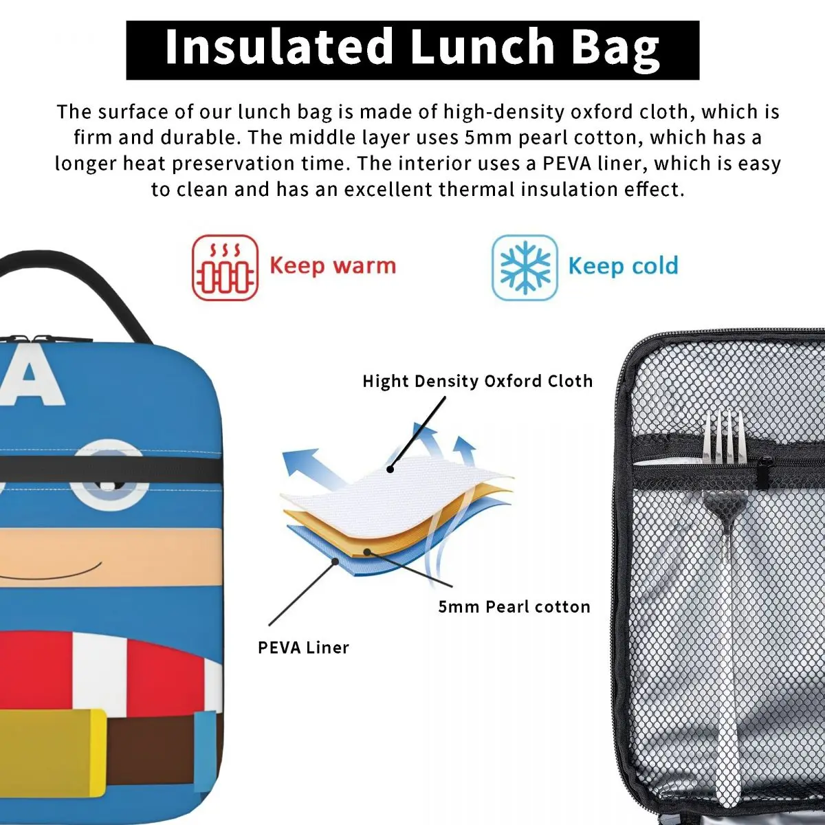 Captain America Insulated Lunch Bags Food Container Leakproof Thermal Cooler Lunch Boxes For School Office