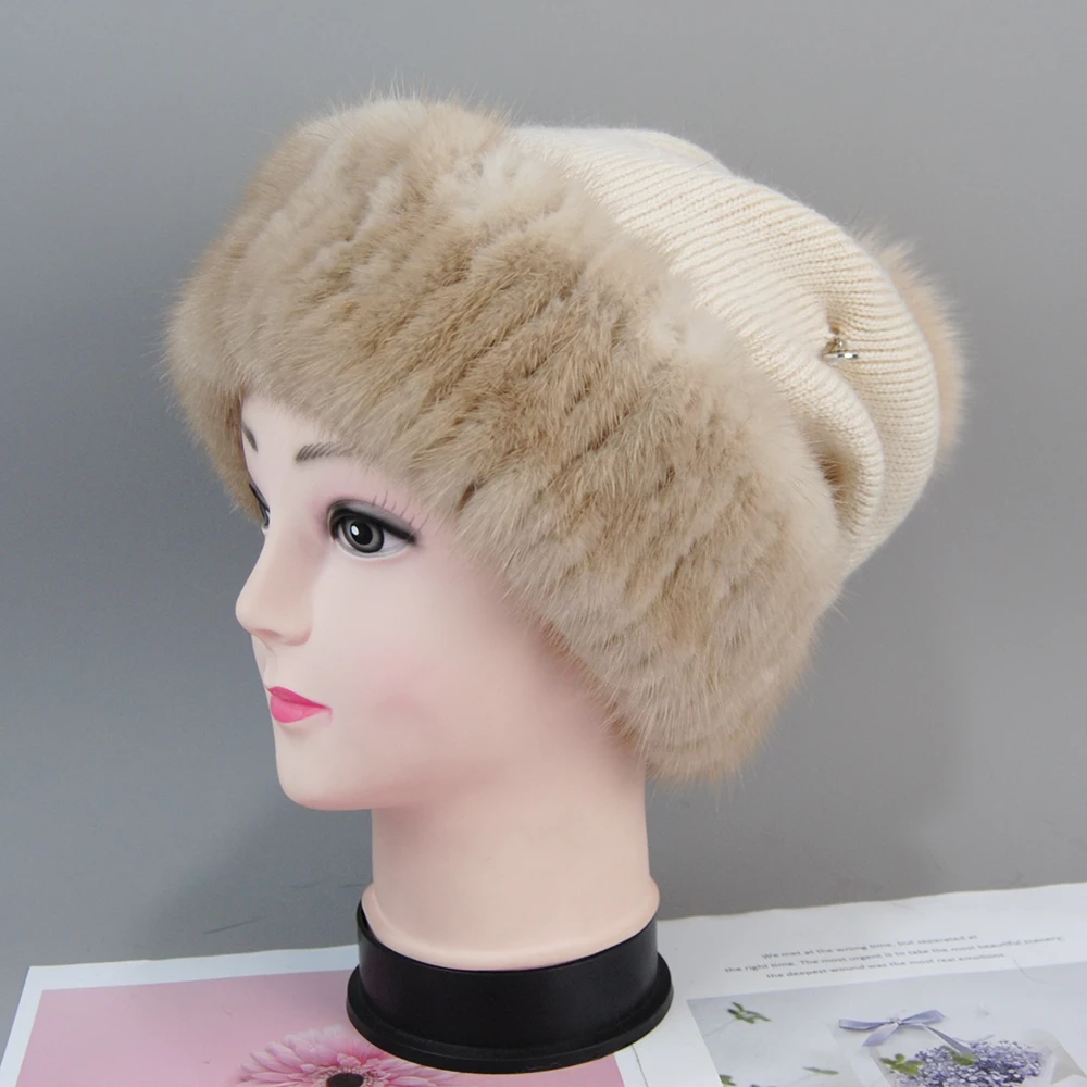 2025 Female Knit Good Elastic Mink Fur Beanies Cap Winter Warm Natural Fur Hat Hot Sale Women Fashion Real Mink Fur Knitted Hats