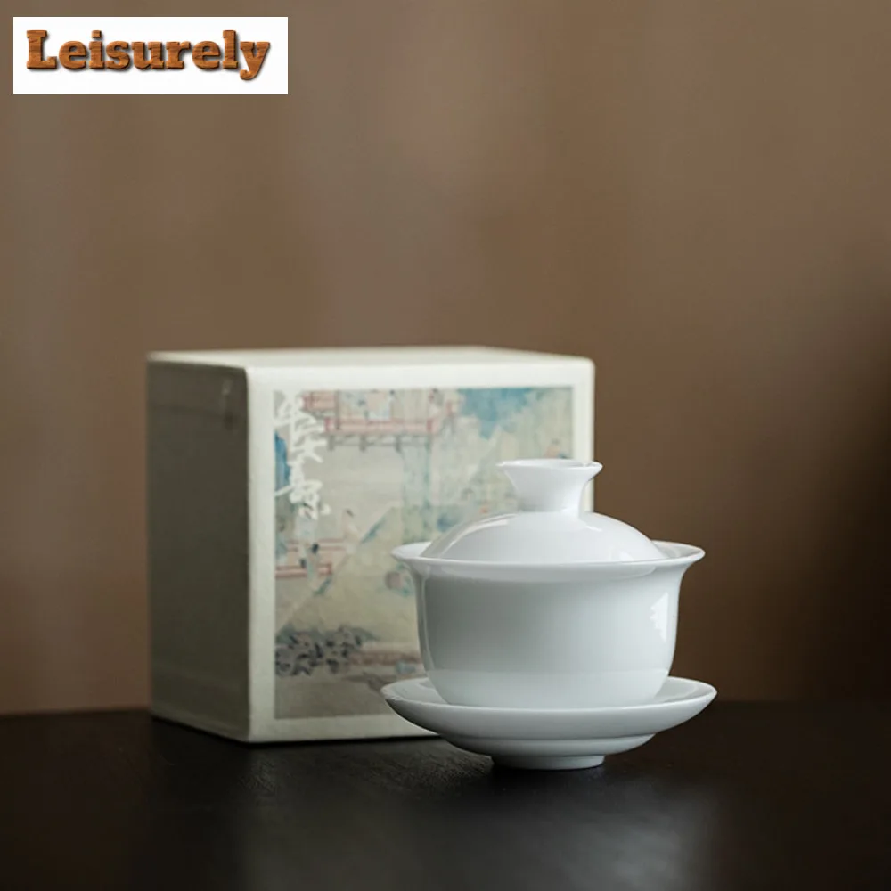 140ml Iced Jade Wihte Porcelain Gaiwan Luxury Brewing Tea Sancai Tea Tureen Household Tea Making Cover Bowl for Tea Ornaments