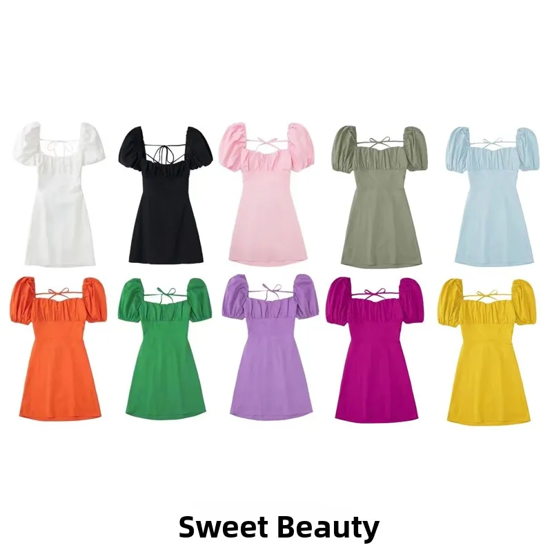 

Slimming Effect Summer New Style Square Collar Multi-Color Pleated Bubble Sleeve Dress Street Style Single Piece 18-24 Years Old