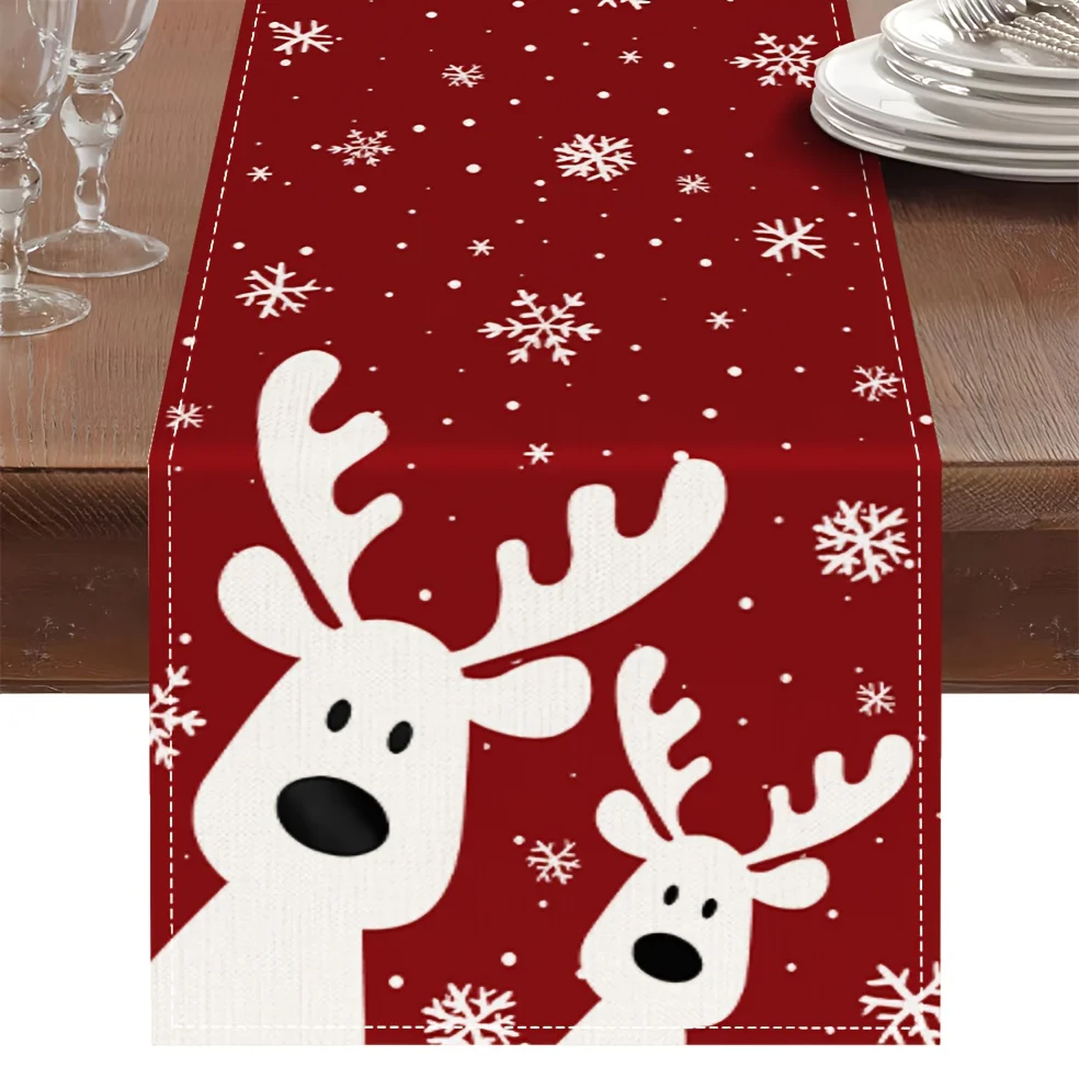 1 Dokriy Christmas table runner with reindeer and snowflake design red and white winter-themed holiday party decoration