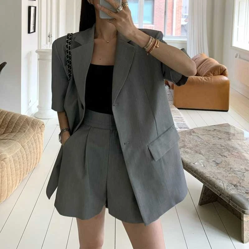 

Retro High Waist Wide Leg Short Suit Jacket And Pants Two Piece Set Chic Fashionable Summer Outfit For Young Women