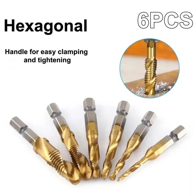 6PC High Speed Steel Titanium Plated Drill Bits HSS Taps Countersink Hex Shank Screw Machine Compound Tap Hand Tools Set M3-M10
