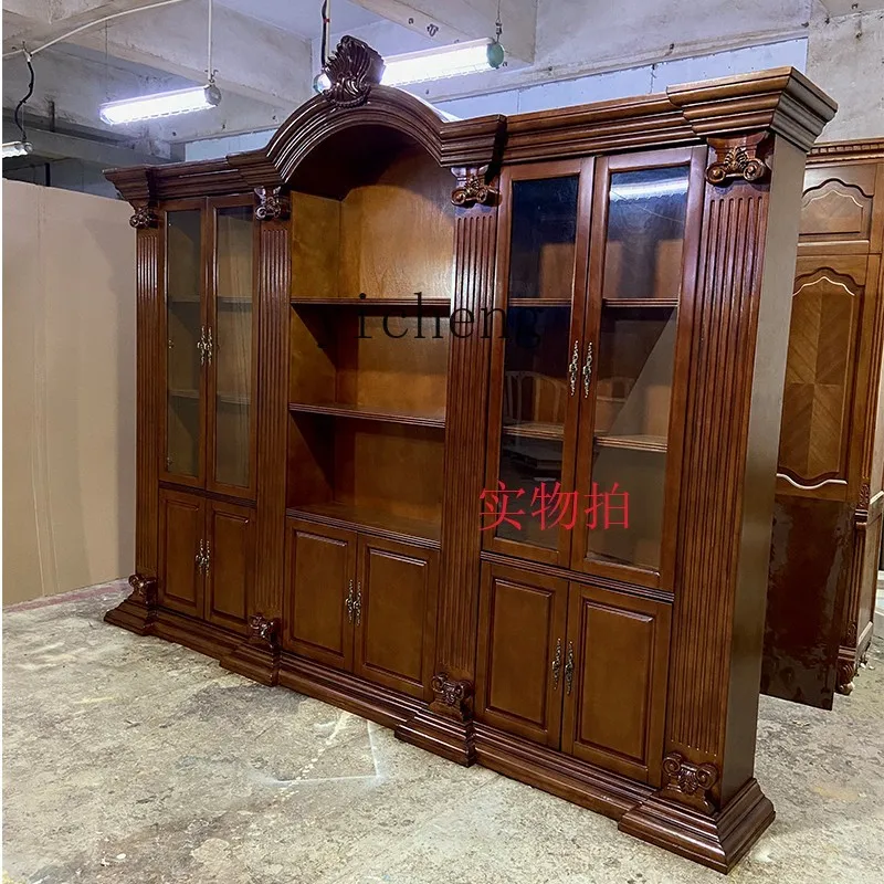 

Solid Wood Bookcase Combination Study Bookshelf European Style Bookcase Wall Living Room Storage Glass Ornament Cabinet