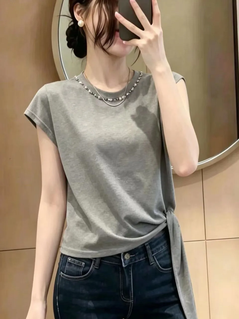 

plus Size Women's Fashionable Beaded Sash Short Sleeve T-Shirt Asymmetrical Loose Slimming Top Korean Style Summer New Arrival