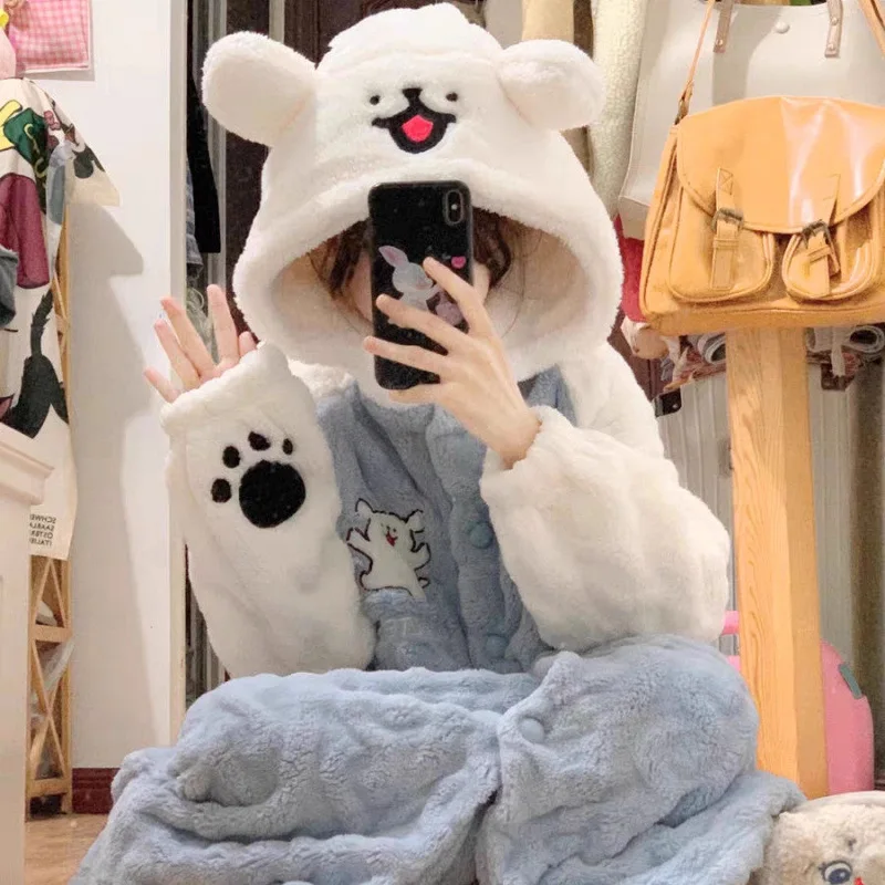 Women's Winter Coral Fleece Robe Cute Line Dog Print Hooded One-Piece Pajamas Thickened Loose Plus Size Loungewear