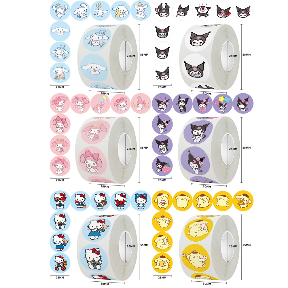 Sanrio Cartoon Reward Stickers for Kids, Kawaii, Kuromi, Hello Kitty, Cinnamoroll, Gift Decoration, Toys for Girls, 500Pcs/Roll