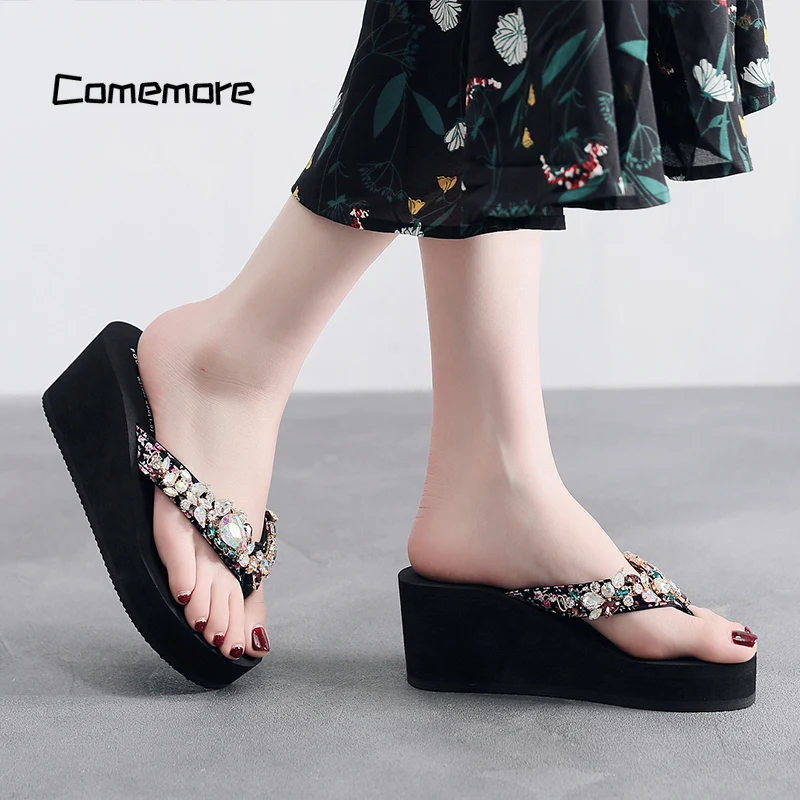 

Comemore Diamond Sandals Slippers Holidays Beach Shoes Wedge Platform Sandals Women Size 33 34 42 Luxury Rhinestones Flip Flops