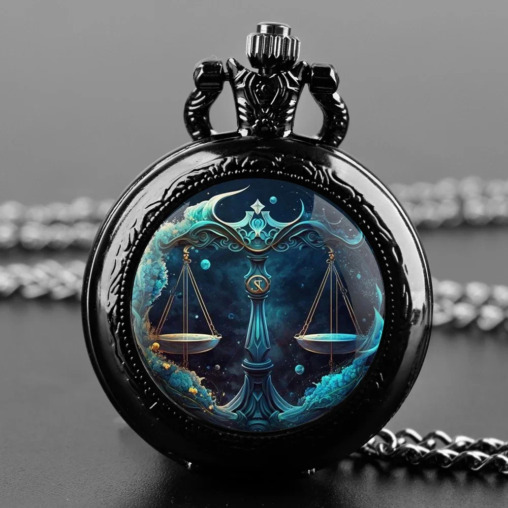 Libra star sign Design Glass Dome Vintage Quartz Pocket Watch Men Women Pendant Necklace Chain Charm Clock Watch Jewelry Gifts