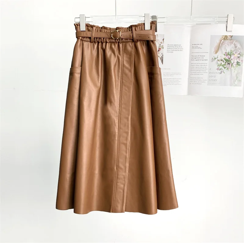 

2023 Women New Ruffled Elastic Belt Simple Genuine Leather Skiet High Waist Real Sheepskin Leather Skirt E12