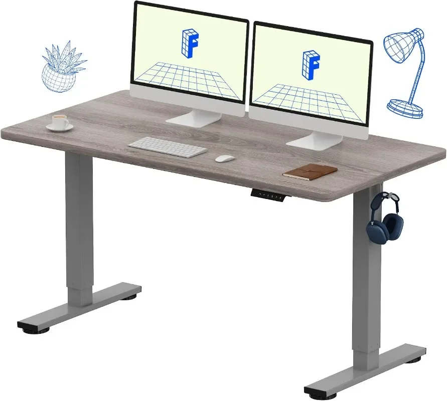 FLEXISPOT EN1 One-Piece Standing Desk Inches Height Adjustable Electric Desk (Silver Frame + Grey Wood Grain Top, 2 Packages)