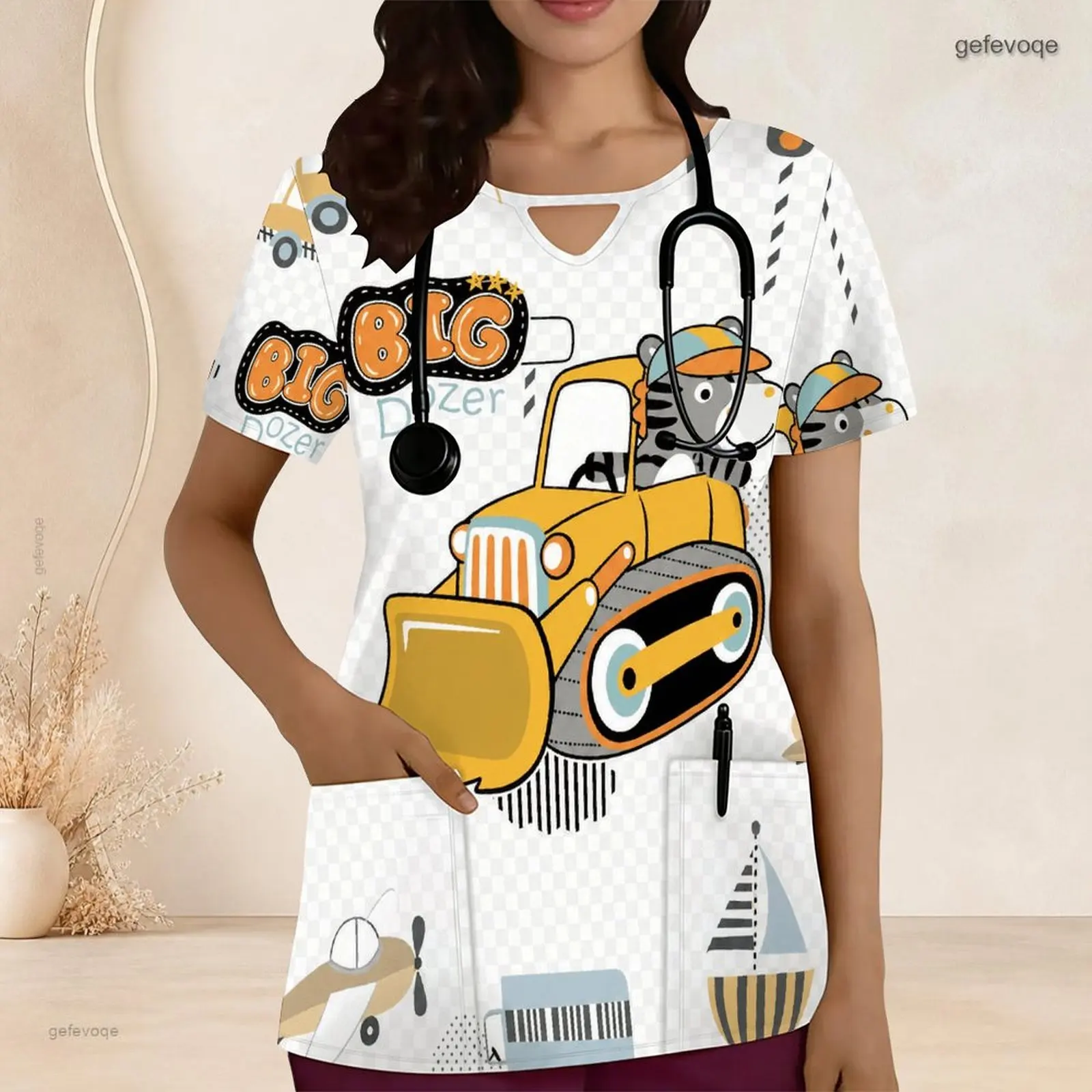 Women Printed Scrub Top Keyhole Neck Short Sleeve Front Pockets