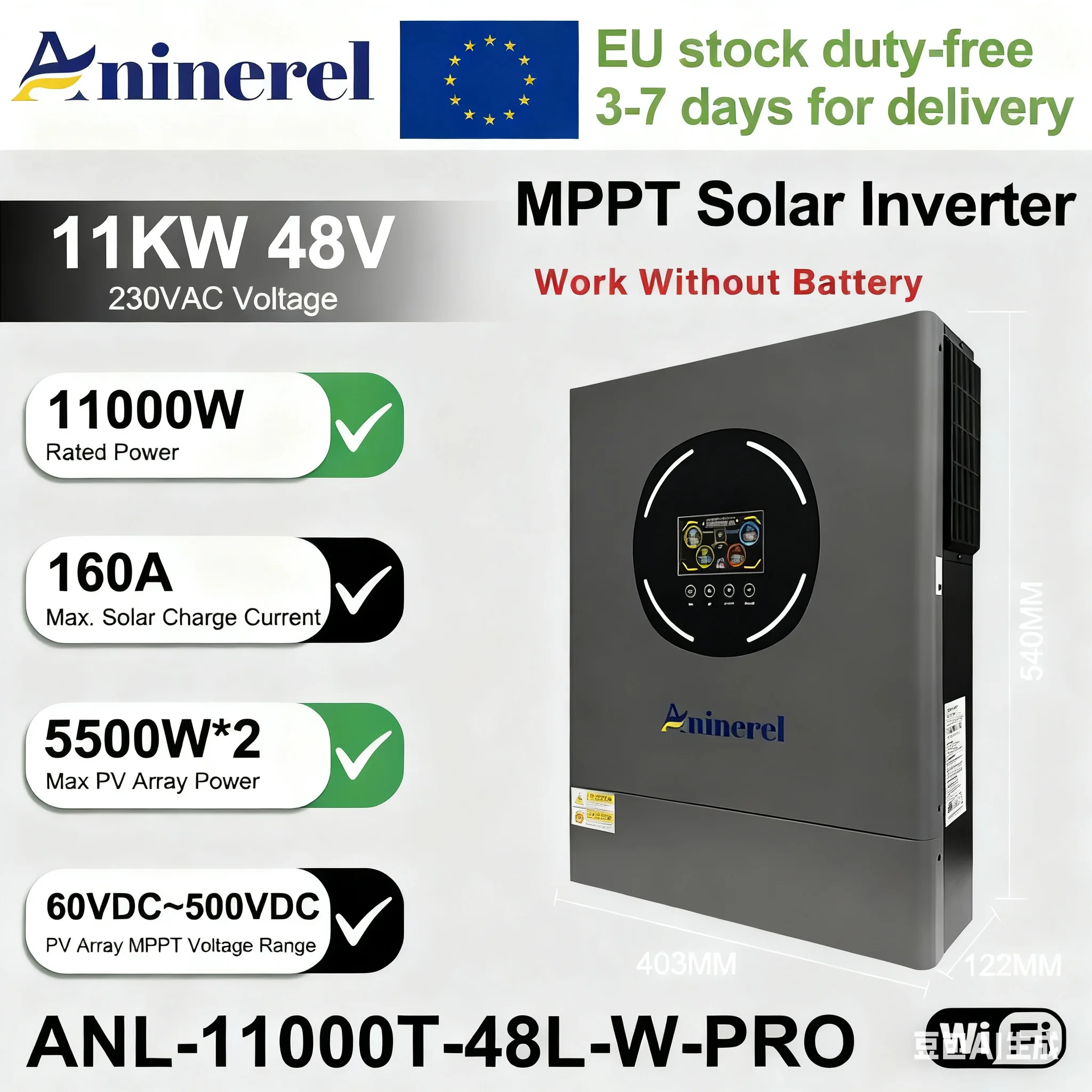 

Aninerel 11KW 48V Hybrid Solar Inverter Dual Output Dual input Solar controller Color LCD Display MPPT 160A PV 500VDC RS232/485