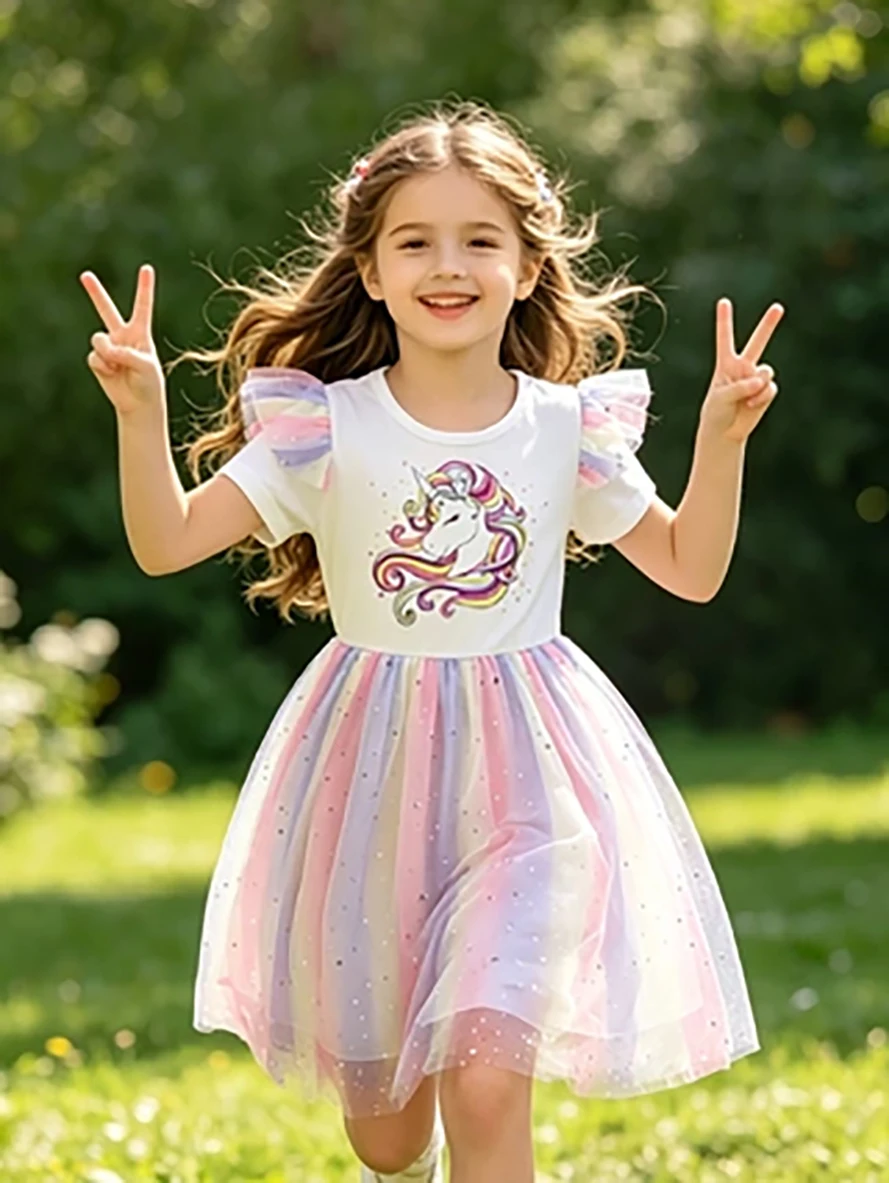 Girls' Unicorn Rainbow Tulle Princess Dress, Summer Short Sleeve Flutter Sleeve Puffy Skirt