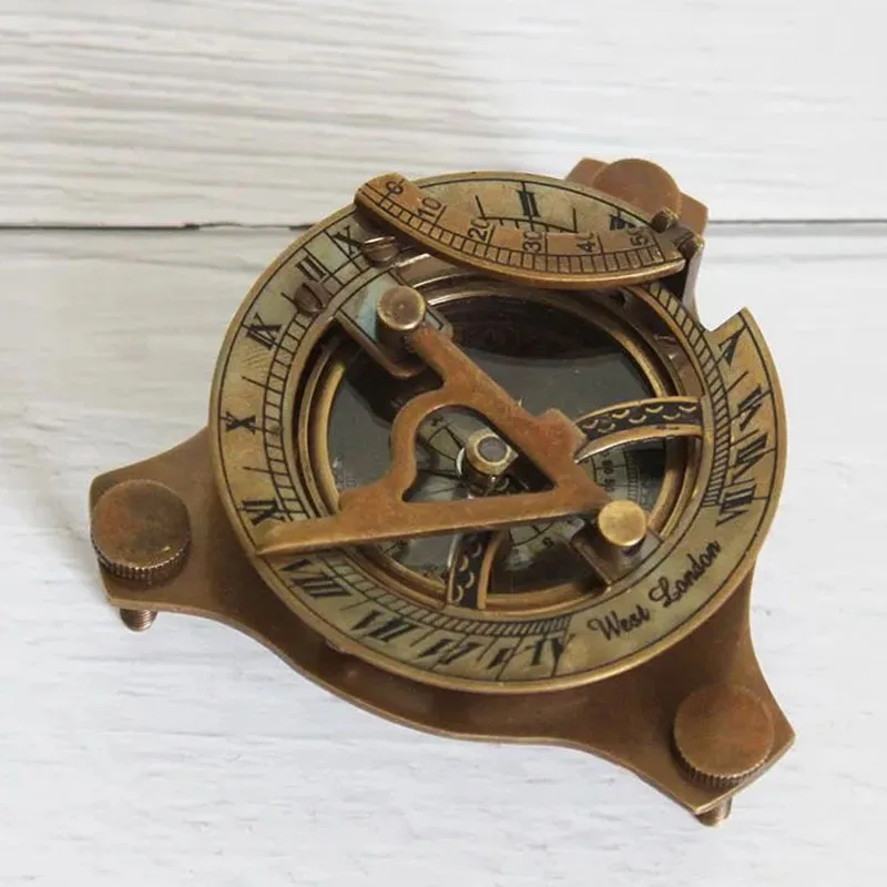 Indian Pure Copper Nautical Sundial with Compass, Retro Nostalgic, Antique Model, Marine Photography Props, Desktop Ornament