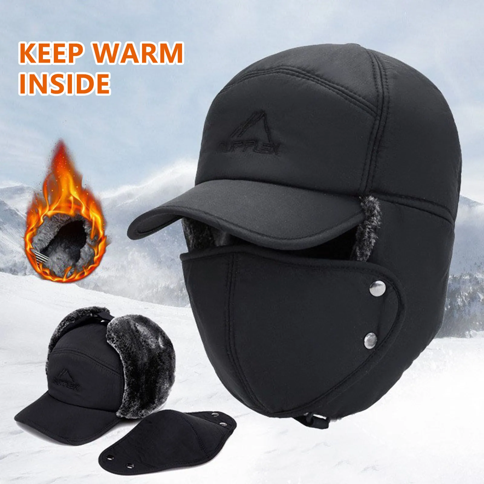 Men Winter Fur Hat with Ear Flaps and Face Mask Windproof Warm Fleece Lined Ski Snow Motorcycle Riding Cap Black Grey Navy Blue
