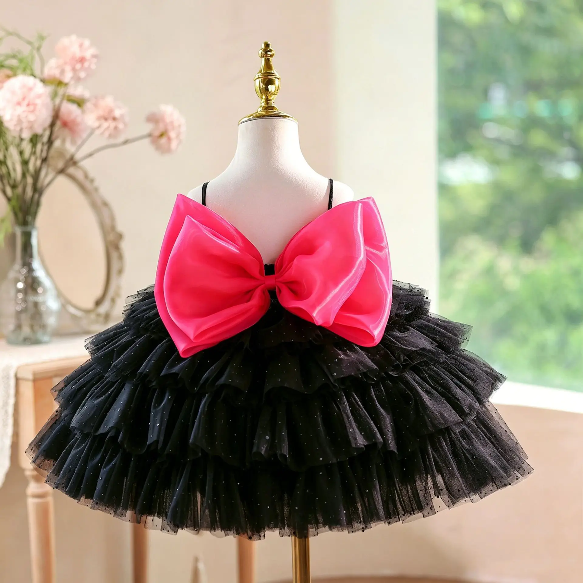 Girl's Black Princess Fluffy Dress Host Performance Costume children's Piano Evening Gown y1811