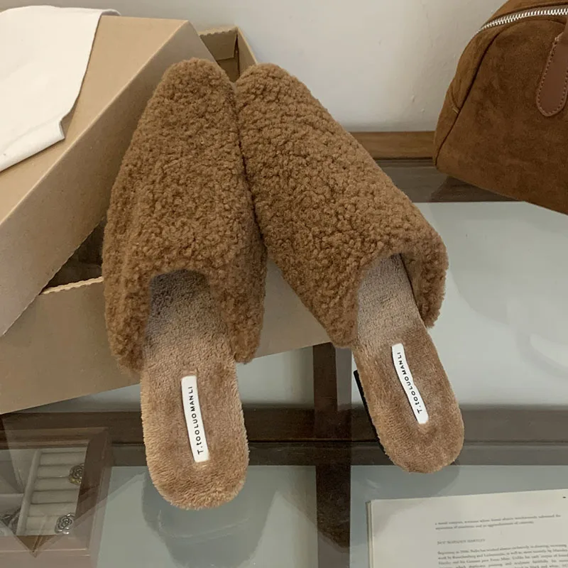 

Модные меховые тапочки, женские шлепанцы, шлепанцы без шнуровки на плоской подошве, зима-осень, теплая обувь, женская уличная домашняя шлепанцы, плюшевые Mujer