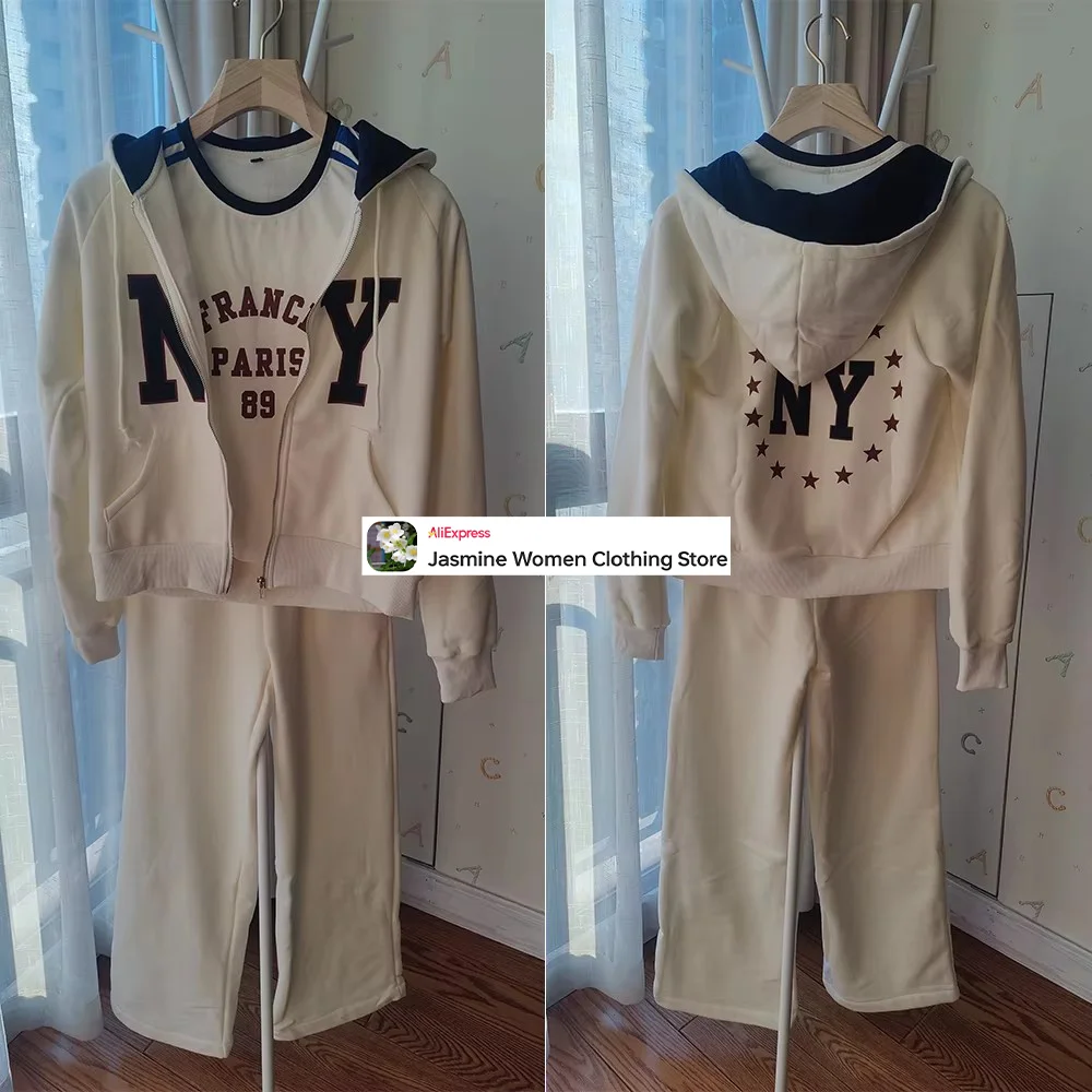 Women New Complete Crews Varsity White Sports Suit Comfy Text Print Ensemble 2-Piece Pants Set New in Adjustable Drawstring Hood