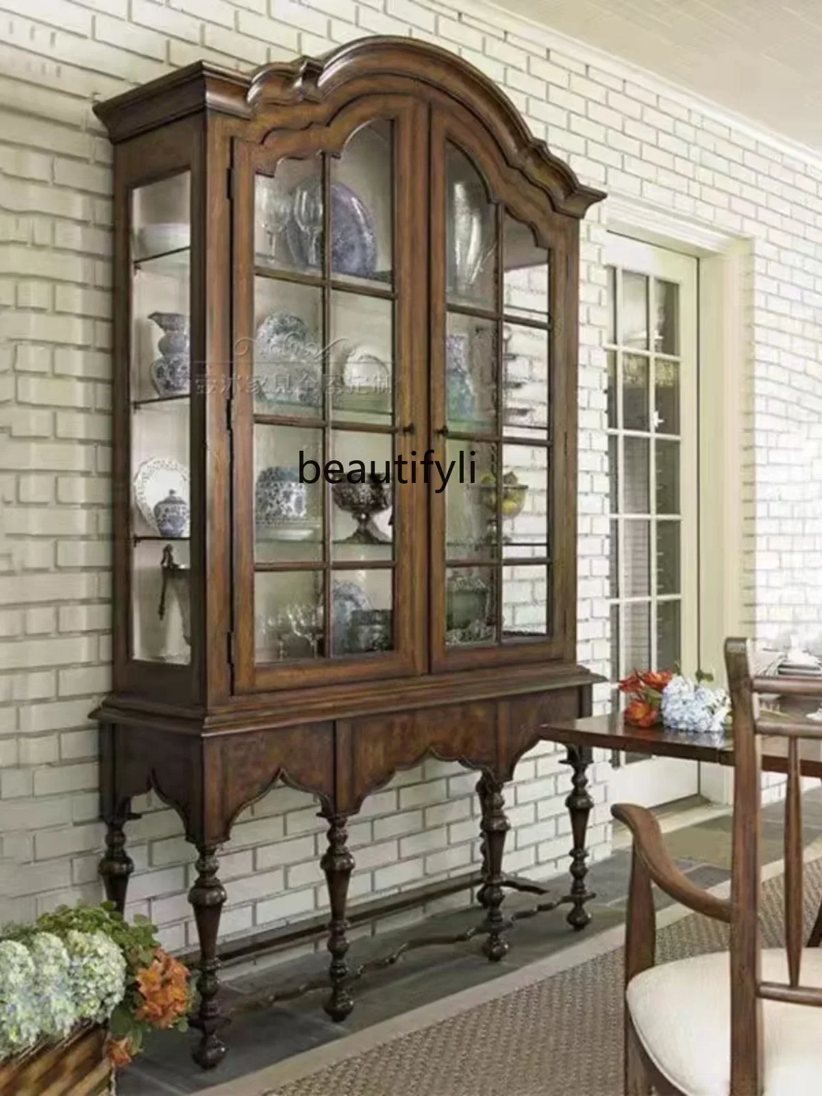 American solid wood wine cabinet living room double door glass display cabinet retro multi-functional locker