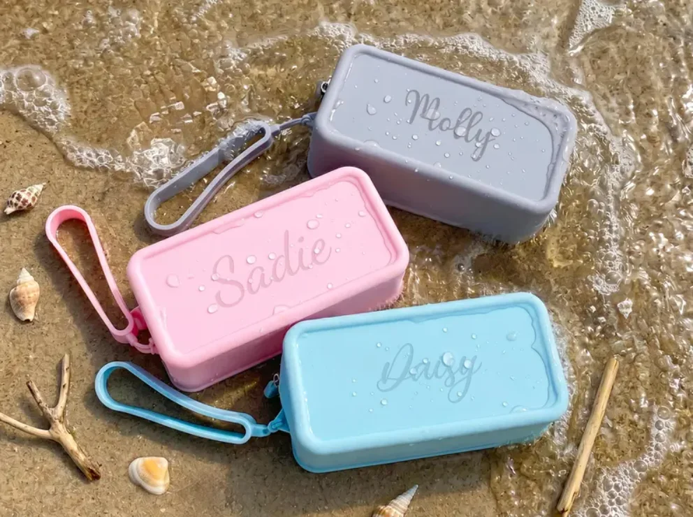 Personalized Engraved Waterproof Makeup Bag, Bridesmaid Silicone Cosmetic Bag, Vacation Travel Pouch, Travel Sunscreen Organizer