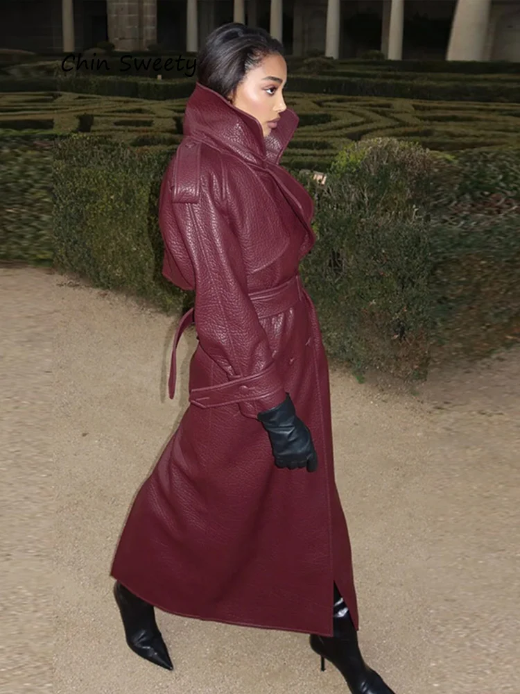 

Модные кожаные женские пальто в стиле ретро, повседневные свободные длинные пальто с отложным воротником и поясом, женское новое элегантное ветрозащитное пальто