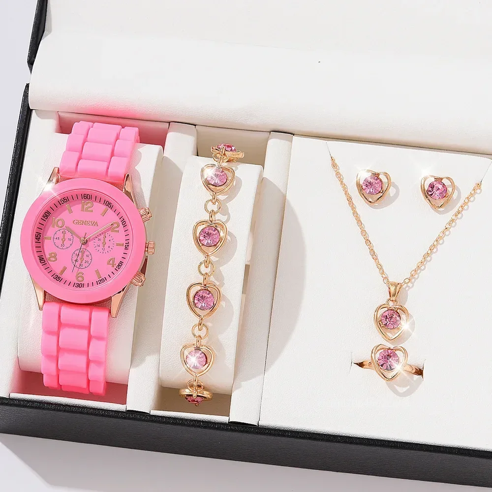 5PCS/Set Luxury Women Watches Rhinestone Heart Fashion Elegant Wristwatch Quartz Watch Ladies Clock for Girl Gift (Without Box)