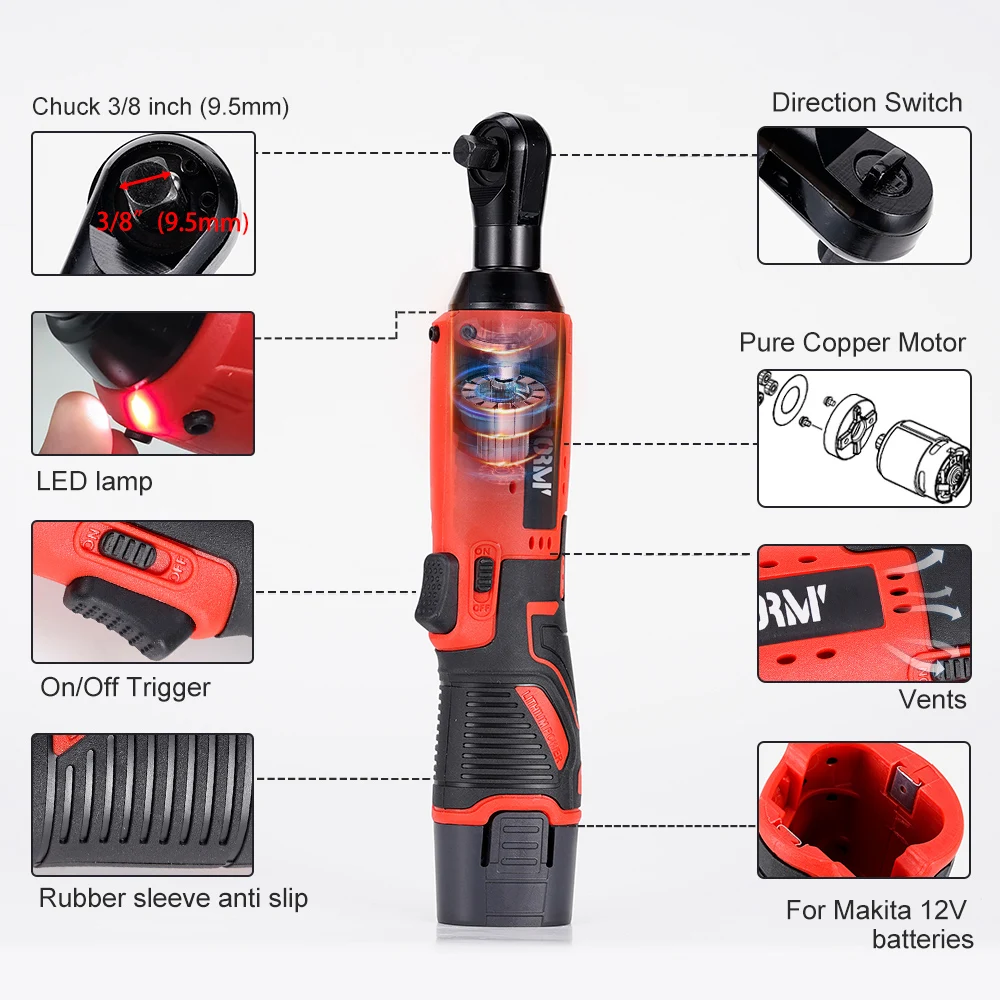 12V Cordless Electric Wrench Ratchet Wrench 65N.m Rechargeable 3/8 Right Angle Drill Screwdriver Power Tool with Lithium Battery