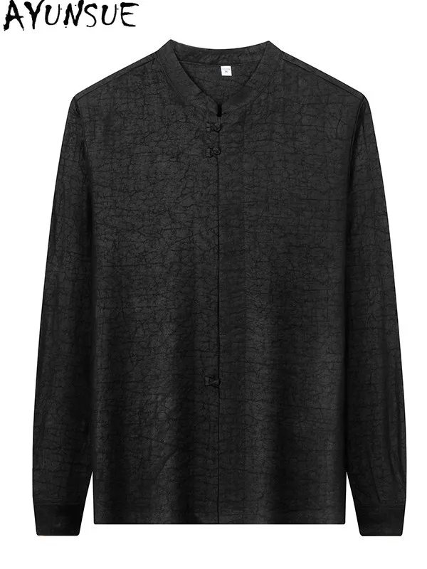 

AYUNSUE 100% Real Mulberry Silk Shirts for Man Luxury 2026 Spring Long Sleeve Shirt Tops Stand Collar High Quality Black Shirt