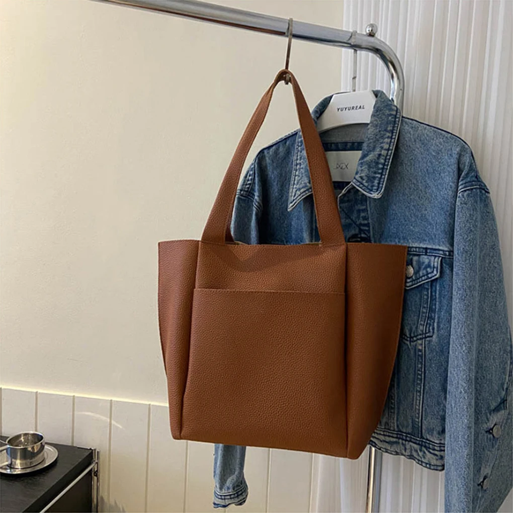 PU Leather Solid Color Large Capacity Women’s Tote Bag Fashion Bucket Shoulder Bag Soft Leather Handbag Women’s Work Pillow Bag