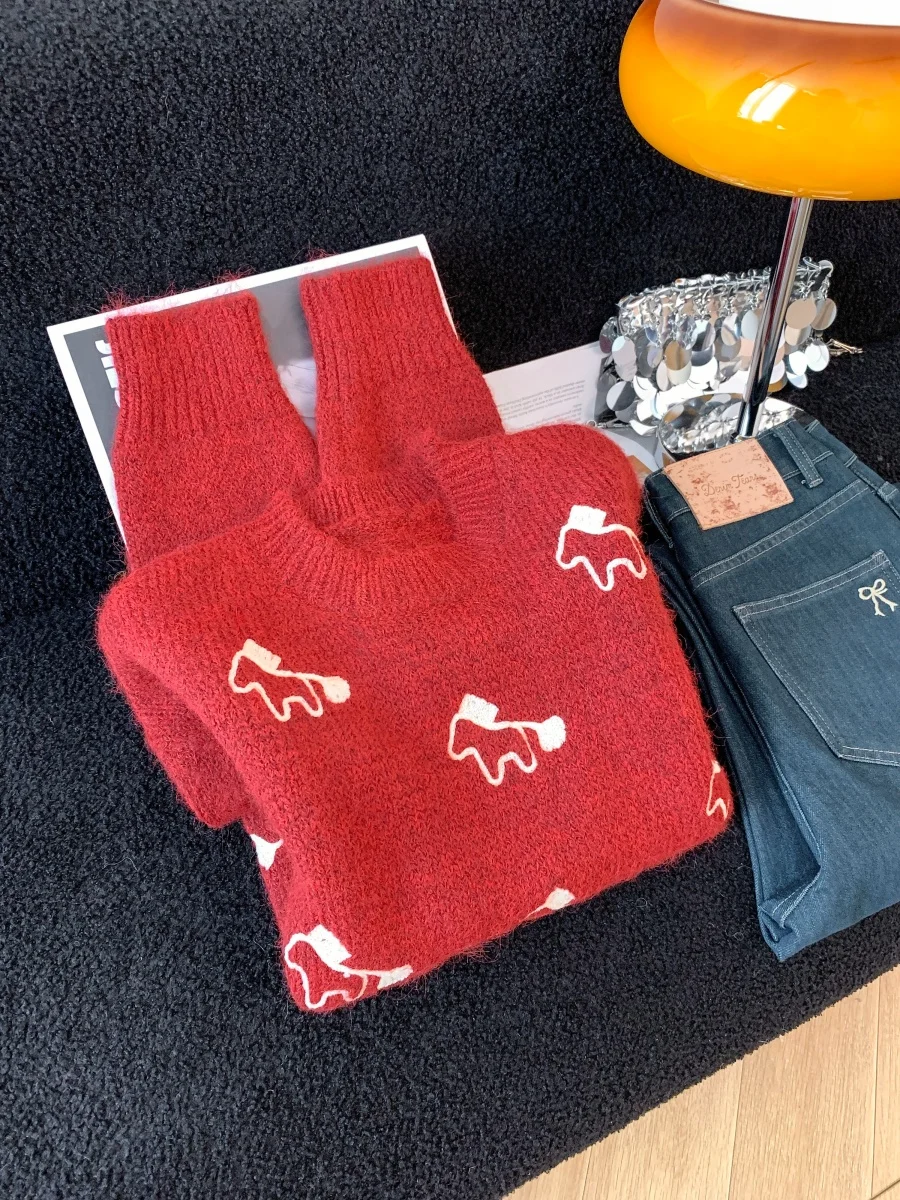 Cisas السنة الجديدة Aosphere الأحمر محبوك سترة المرأة فضفاضة مستديرة Ne لينة كسول Sle الدافئة الدب خنزير الحيوان نمط