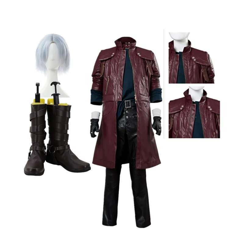 Dmc 5 Dante Cosplay Mannen Kostuum Jas Jas Broek Schoenen Pruik Full Set Outfits Halloween Carnaval Feestpak