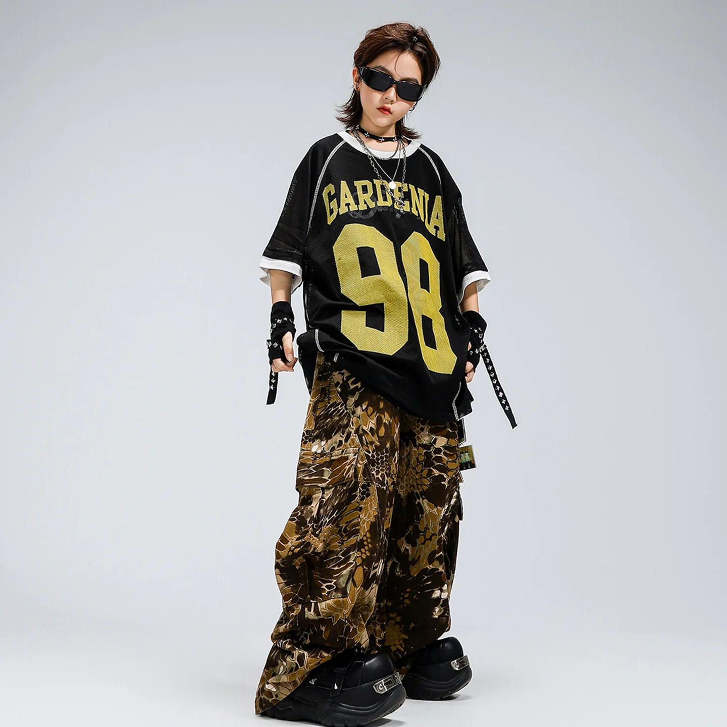 

Kid Kpop Hip Hop Clothing Black Net Jersey T Shirt Snake Print Casual Wide Cargo Pants for Girl Boy Dance Wear Costumes Clothes