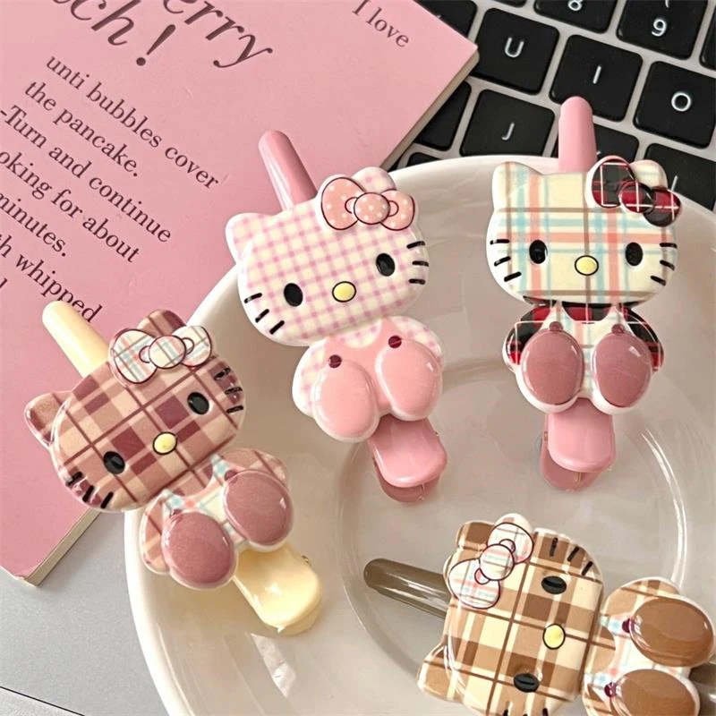 New Cute Cartoon Sanrio Checked Hello Kitty Hair Clip Girly Heart Bangs Side Clip Sweet Fashion Hair Accessories Headdress Gifts