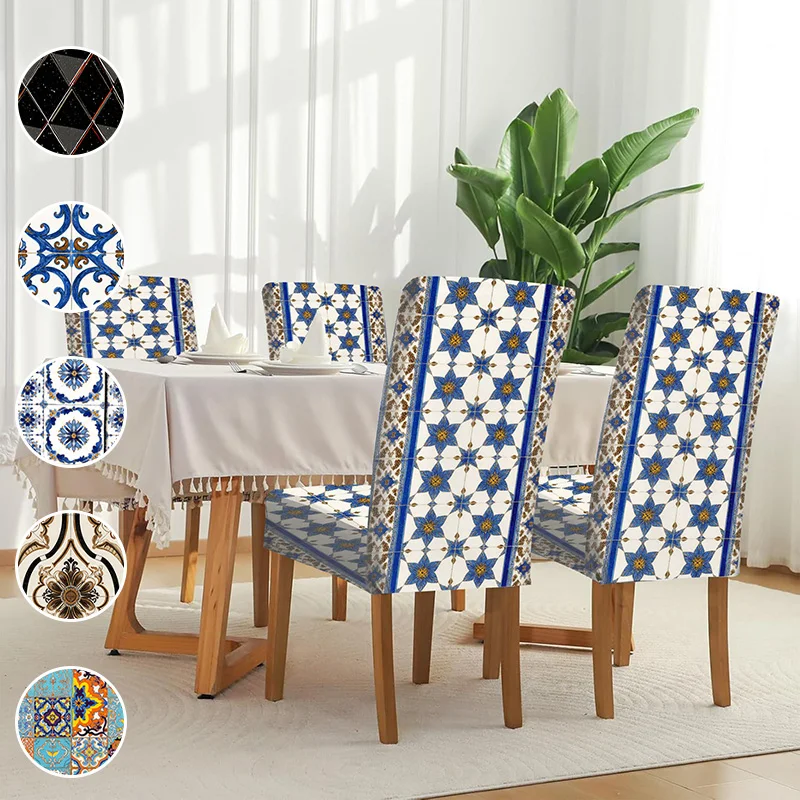 Elastic dining chair cover, geometric ceramic decorative pattern, removable and washable household dining chair cover