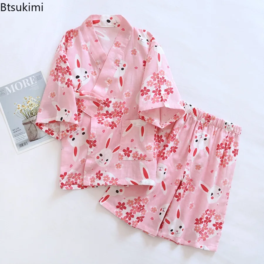 Double Layer Gauze Children's Pure Cotton Lace Up Kimono Pajamas for Boys and Girls Thin Style Mid Sleeved Shorts Home Clothes