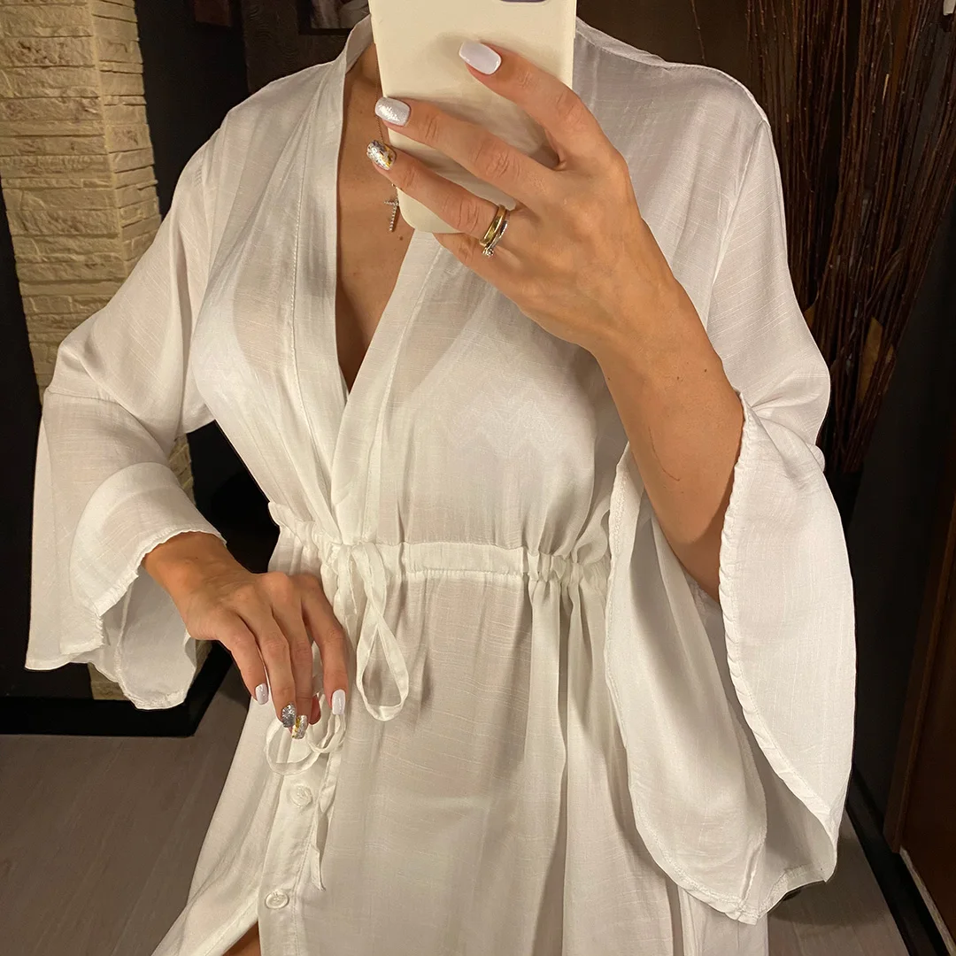 Neues, verführerisches, langes Maxikleid für den Strand, Damen-Strandkleid, Tunika, Pareo, weißes Kleid mit V-Ausschnitt, Robe, Strandbekleidung, Bikini-Strandkleid V2623 – Detail 7