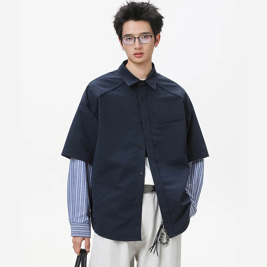 Stripe Long Sleeve Splice Cargo Shirt Men Women Streetwear Fashion Loose Casual Campus Boys Girl Shirt Cityboy Oversize Blouses