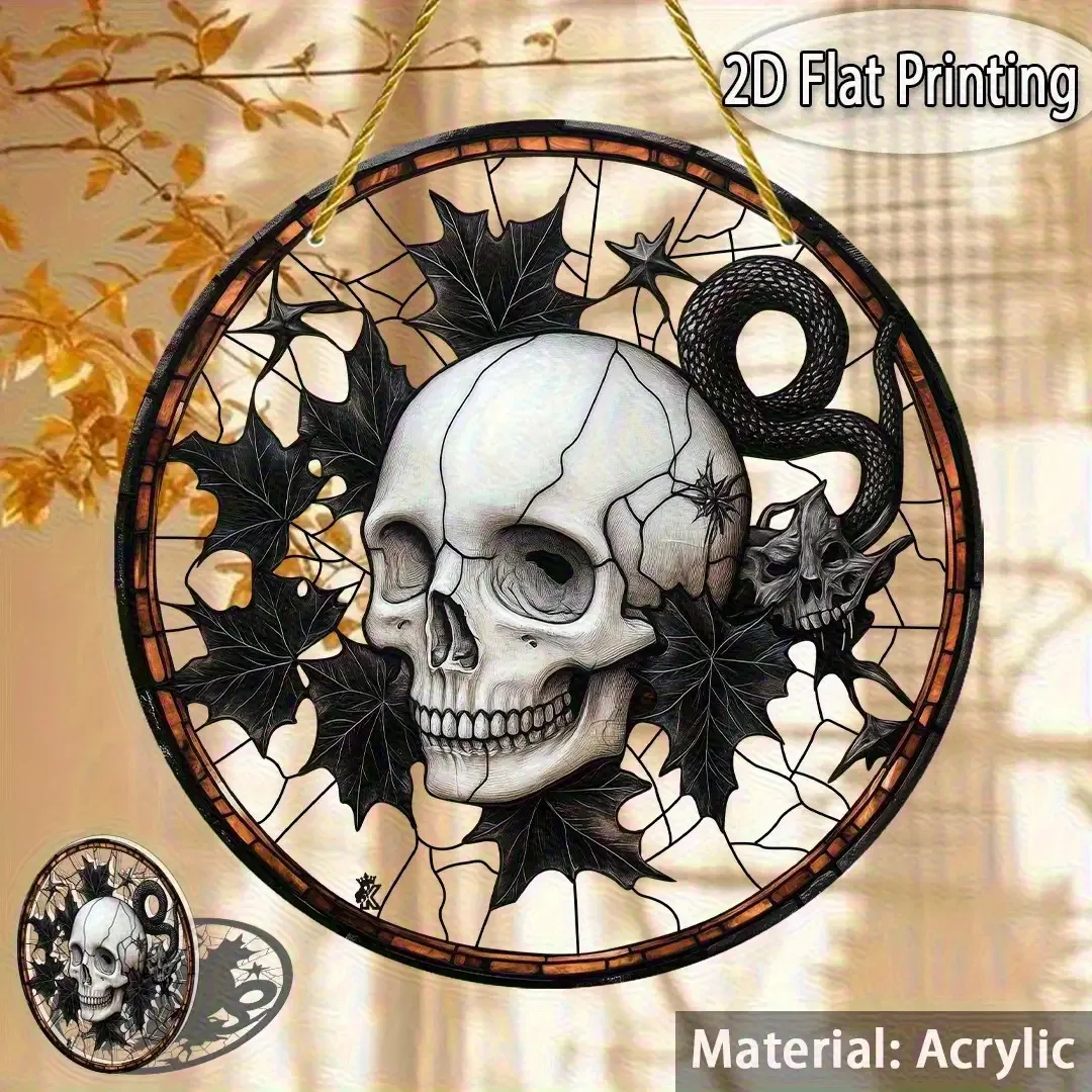 Round Acrylic Hanging Sign, Stained Glass Skull Snake Suncatcher, Gothic Window Wall Hanging Decor, Spooky Halloween Home Gift